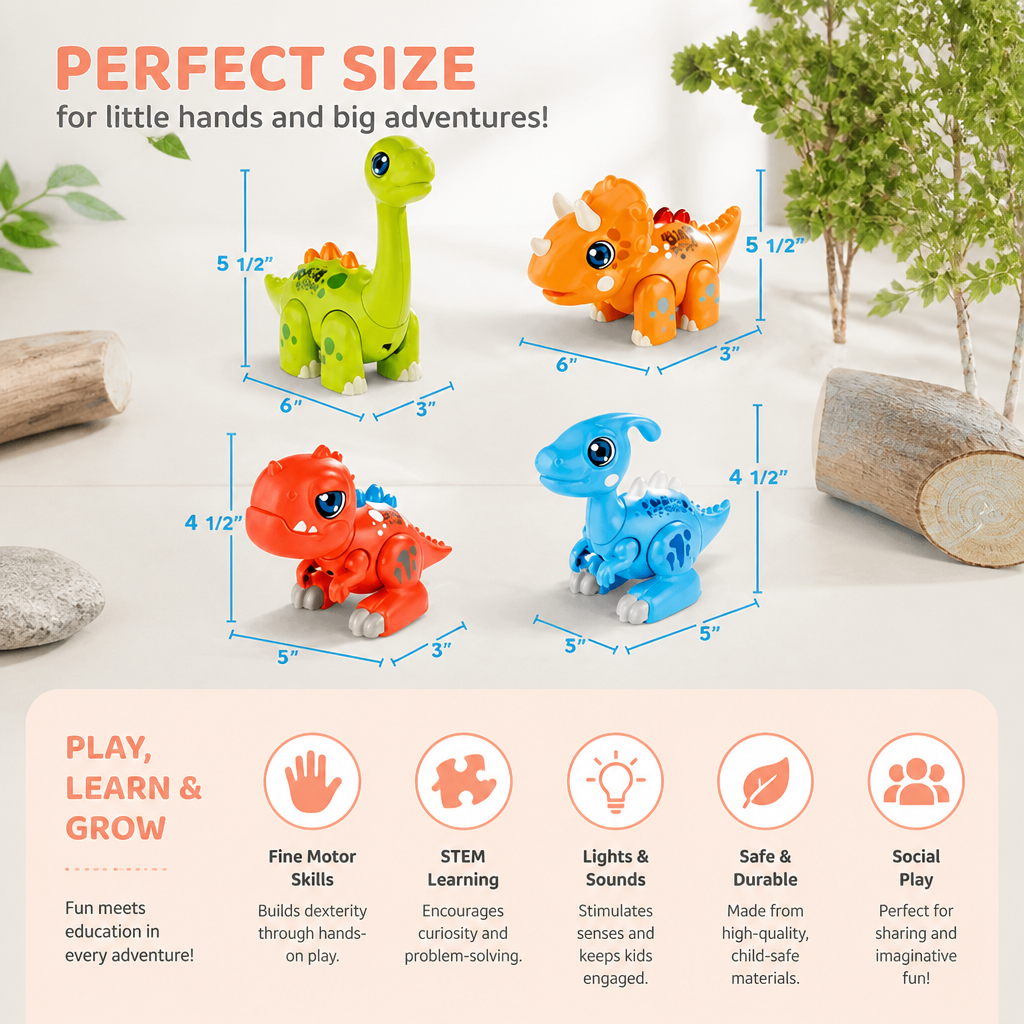 Easy-Assembly STEM Learning Dinosaur Toy with Lights & Sounds
