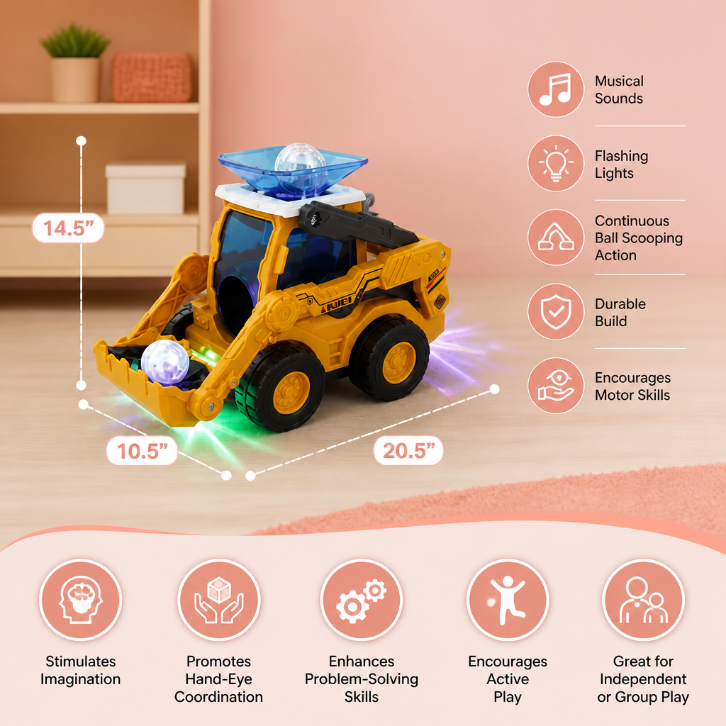 Musical Light-Up Excavator Toy with Continuous Ball Scooping Action
