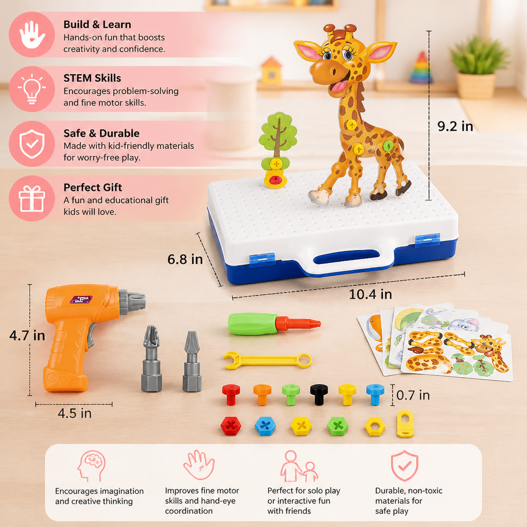 Safari Animal Building Block Set with Electric Toy Drill for Kids