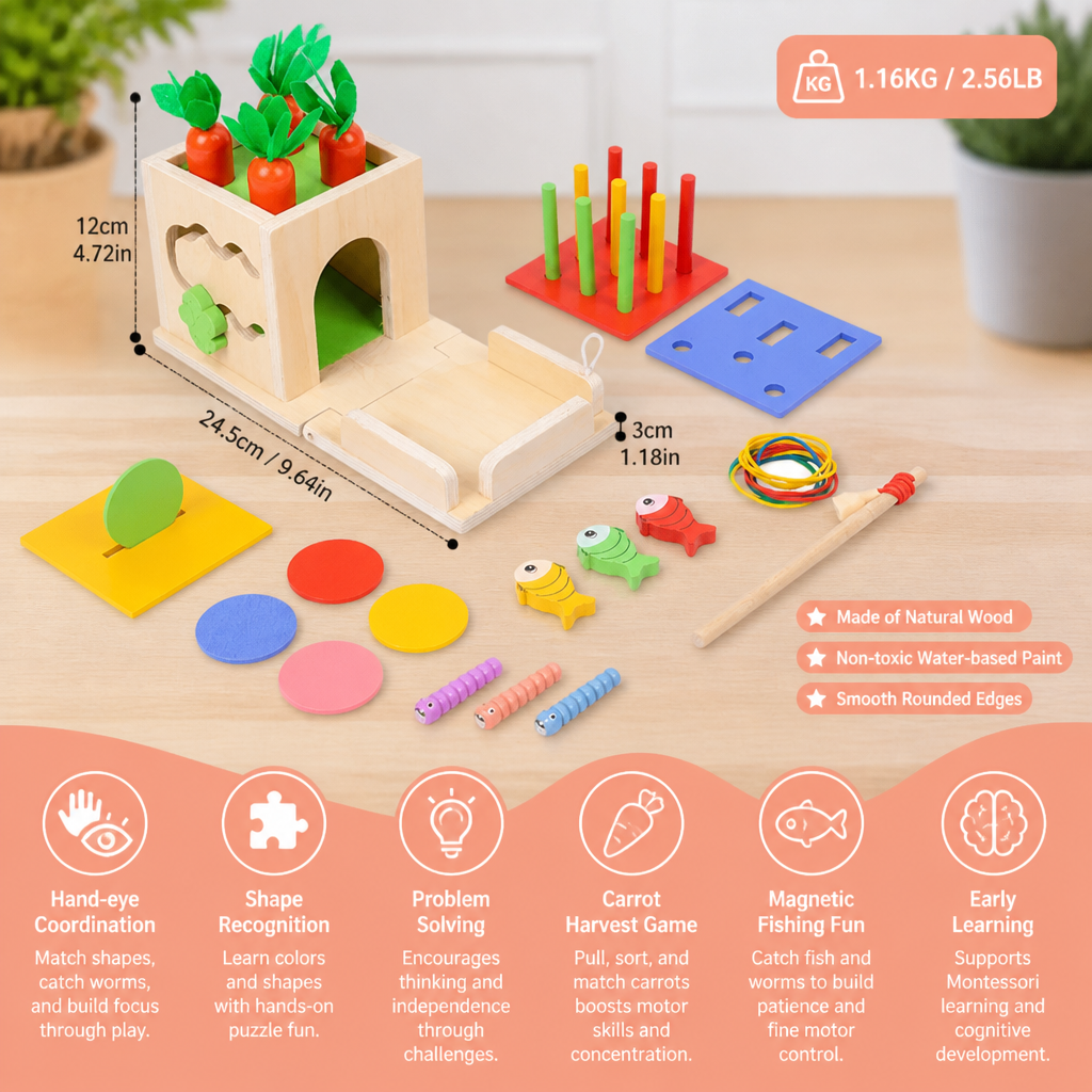 6-in-1 Montessori Wooden Shapes and Figures Educational Cube