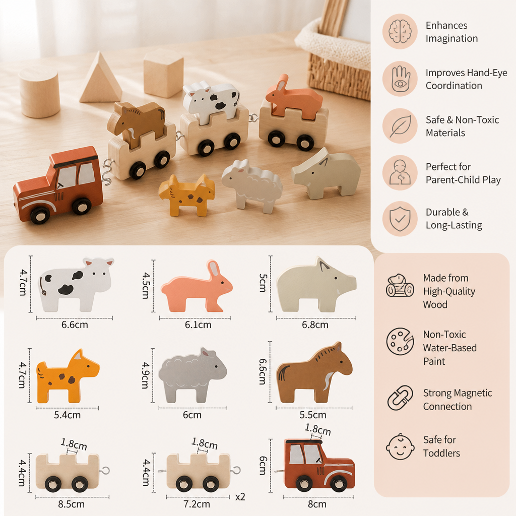Wooden Farm Animal Train – Toy with Flexible Wheels for Children