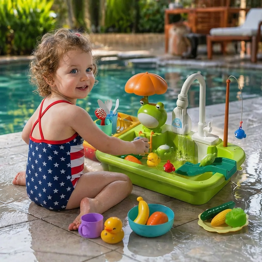 Kids Play Kitchen Sink Set with Running Water & Fishing Game