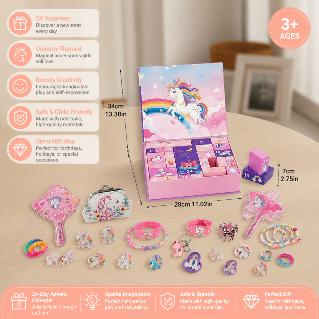 24-Day Unicorn Advent Calendar with Hair Accessories, Stickers & Surprise Gifts