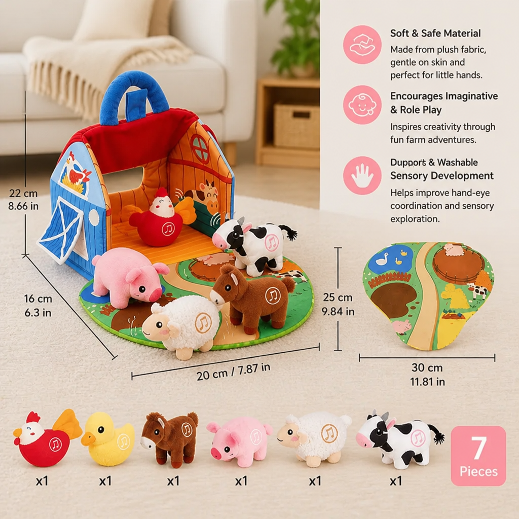 Farm Animal Plush Playset – Interactive Learning Toy with Portable Playhouse
