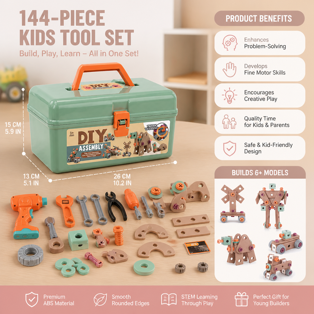 144-Piece Kids Tool Set with Drill & Toolbox – STEM Montessori Construction Kit