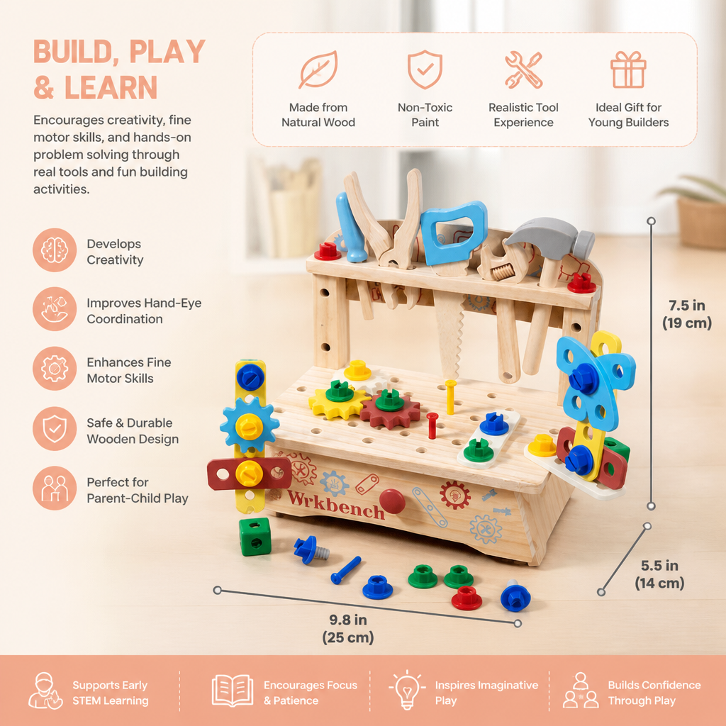 Wooden Kids Workbench & Tool Set – DIY Construction & Fine Motor Skills Learning Toy