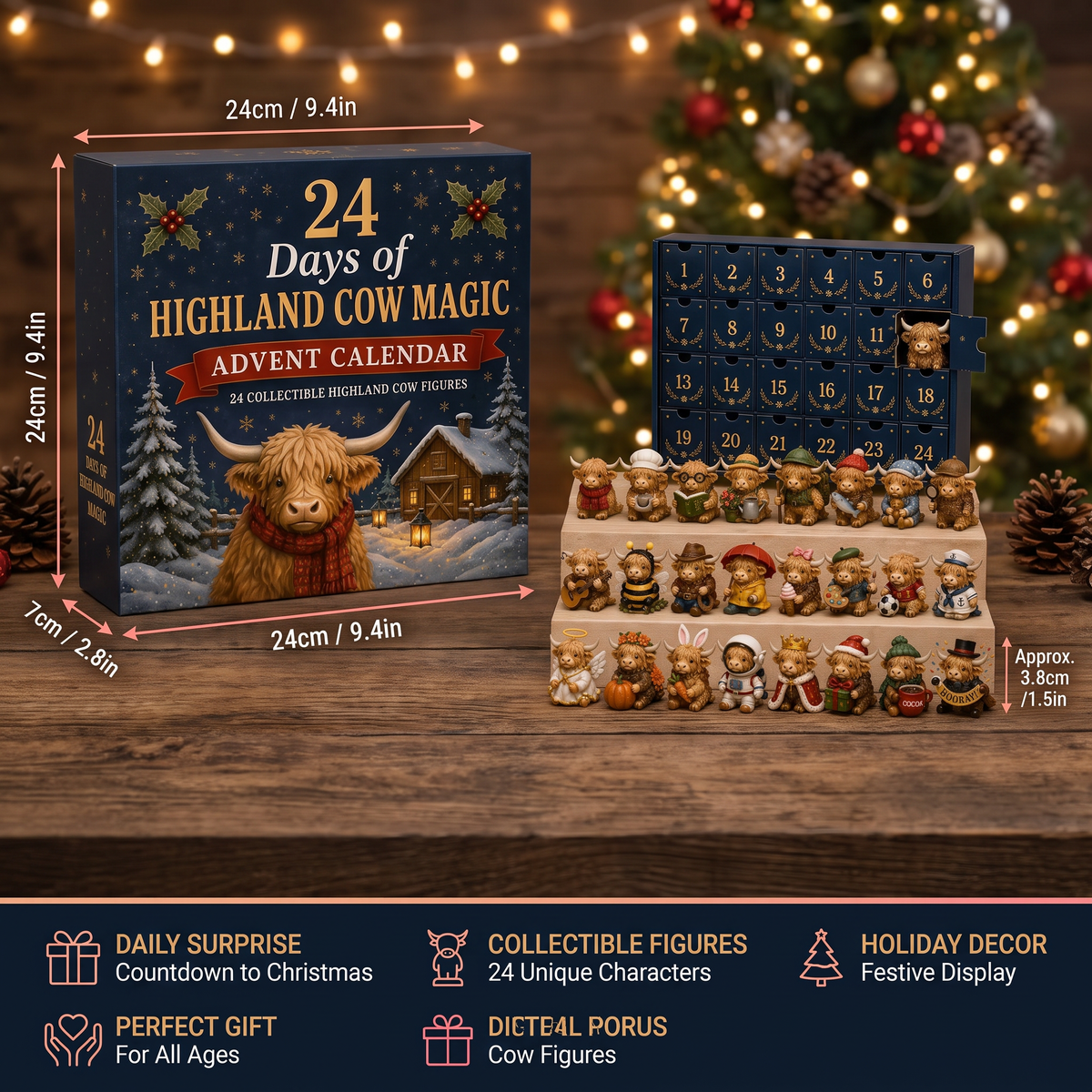 24-Day Highland Cow Advent Calendar with Collectible Mini Figurines