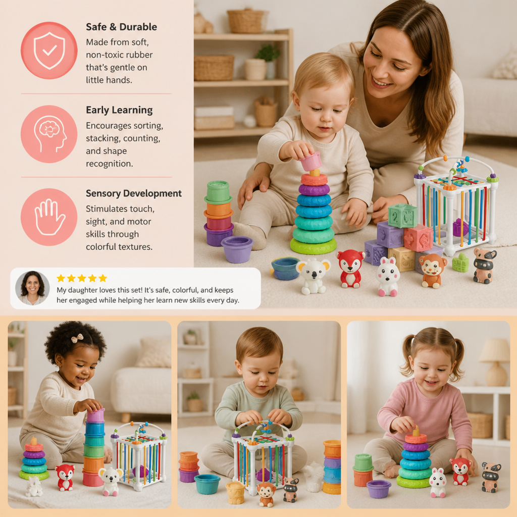 5-in-1 Montessori Soft Rubber Baby Sensory Play Set with Stacking & Sorting Toys – 26 Pieces