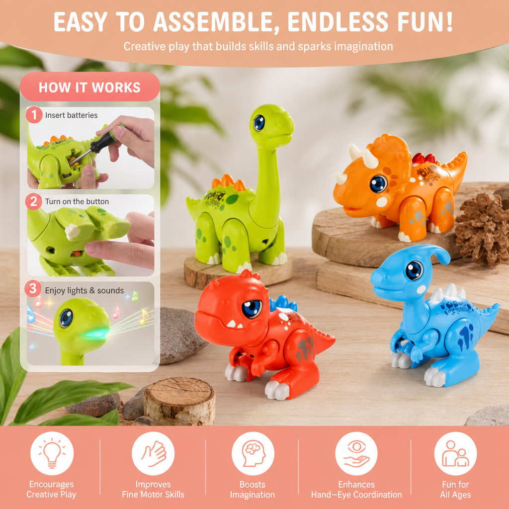 Easy-Assembly STEM Learning Dinosaur Toy with Lights & Sounds