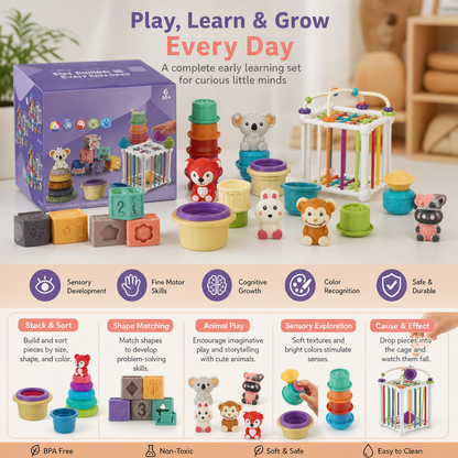 5-in-1 Montessori Soft Rubber Baby Sensory Play Set with Stacking & Sorting Toys – 26 Pieces