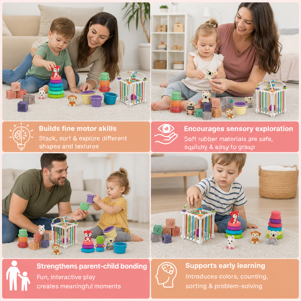 5-in-1 Montessori Soft Rubber Baby Sensory Play Set with Stacking & Sorting Toys – 26 Pieces
