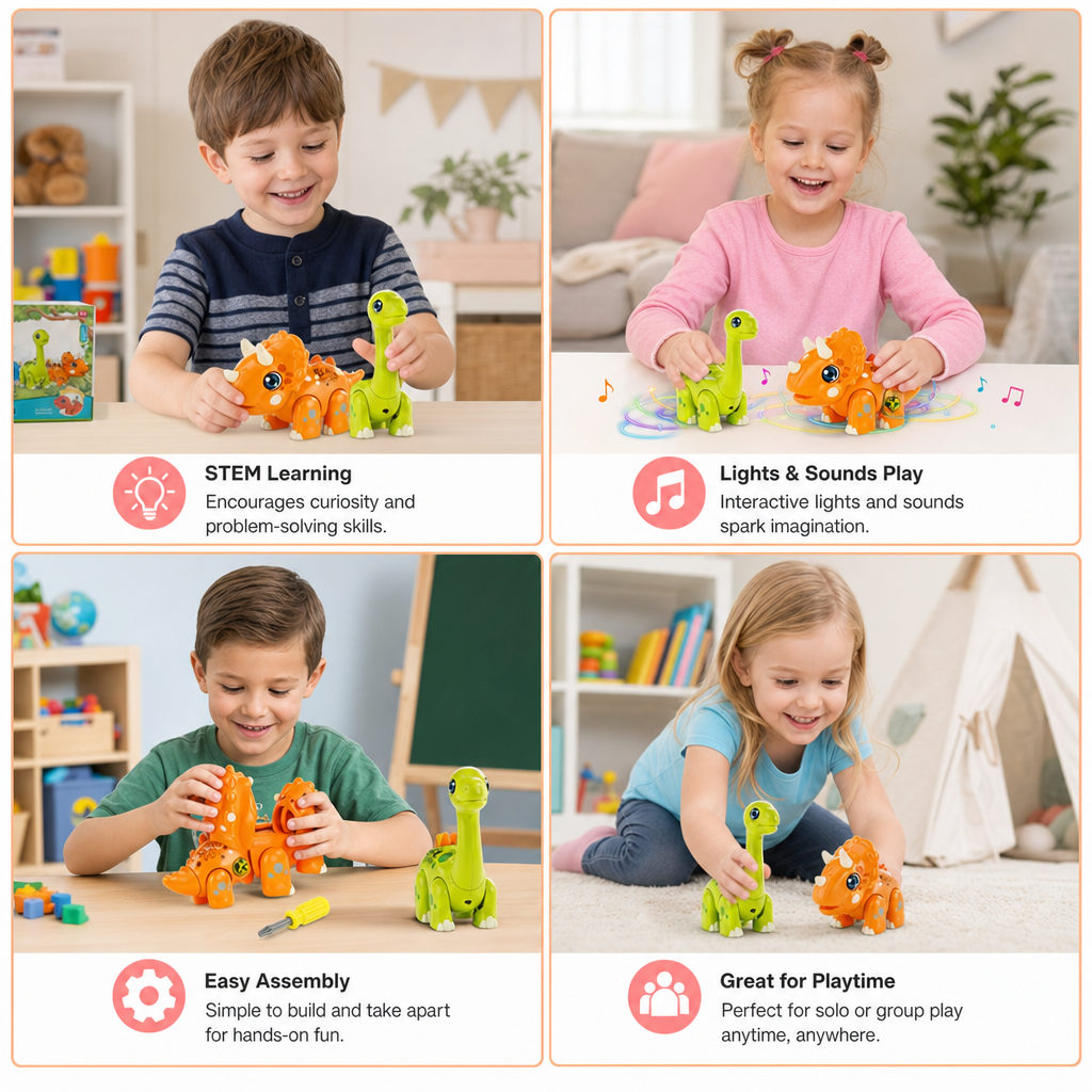 Easy-Assembly STEM Learning Dinosaur Toy with Lights & Sounds