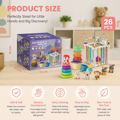 5-in-1 Montessori Soft Rubber Baby Sensory Play Set with Stacking & Sorting Toys – 26 Pieces