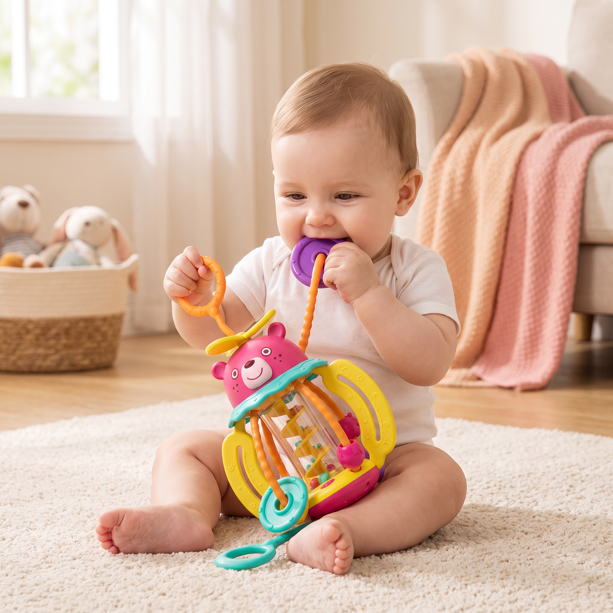 3-in-1 Multisensory Teething Toy with Pull Strings, Rattle & Rain Sounds for Babies