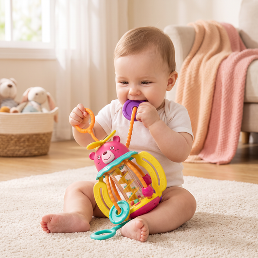 3-in-1 Multisensory Teething Toy with Pull Strings, Rattle & Rain Sounds for Babies