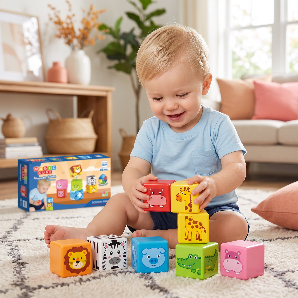 Toddler-Safe 4.2 cm Safari Animal Magnetic Building Cubes – STEM Learning Blocks