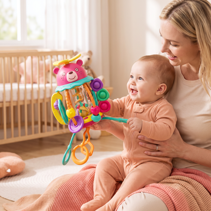 3-in-1 Multisensory Teething Toy with Pull Strings, Rattle & Rain Sounds for Babies
