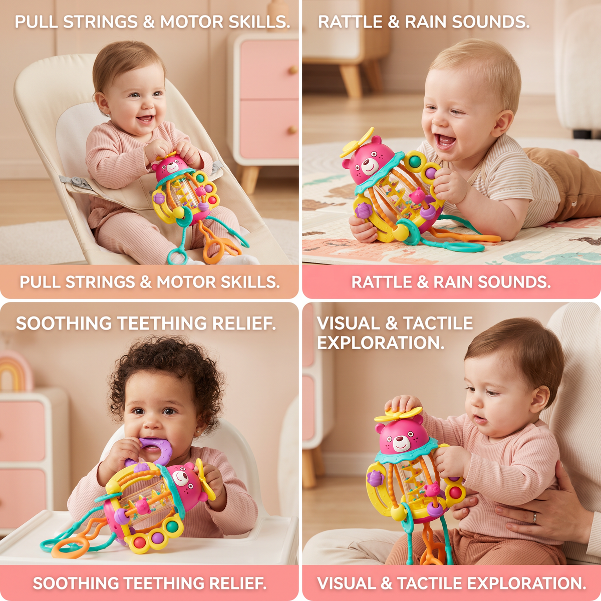 3-in-1 Multisensory Teething Toy with Pull Strings, Rattle & Rain Sounds for Babies