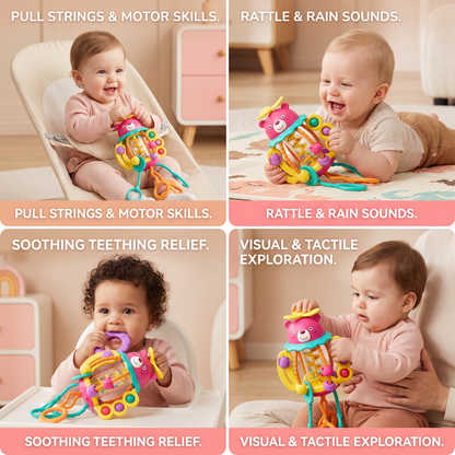 3-in-1 Multisensory Teething Toy with Pull Strings, Rattle & Rain Sounds for Babies