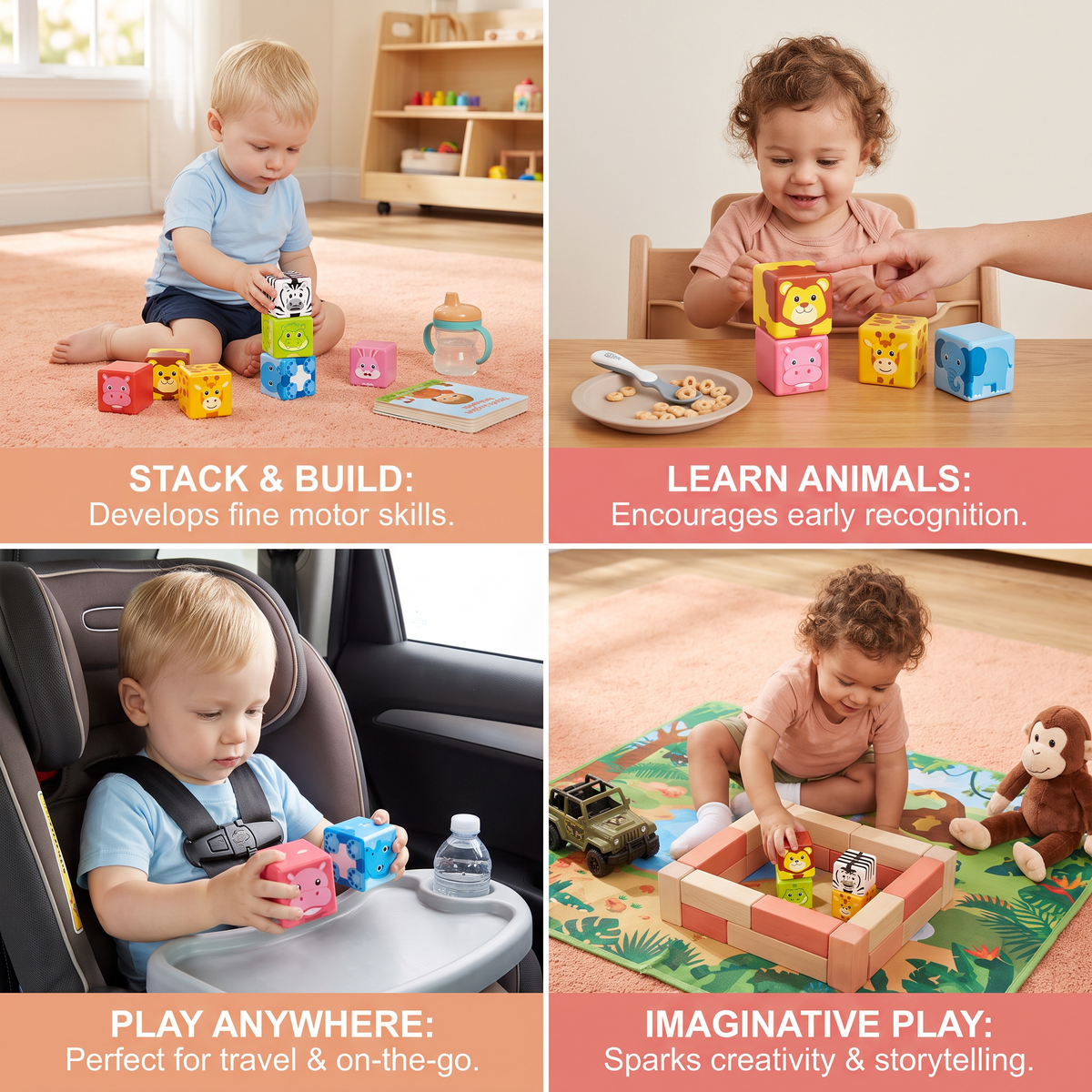 Toddler-Safe 4.2 cm Safari Animal Magnetic Building Cubes – STEM Learning Blocks