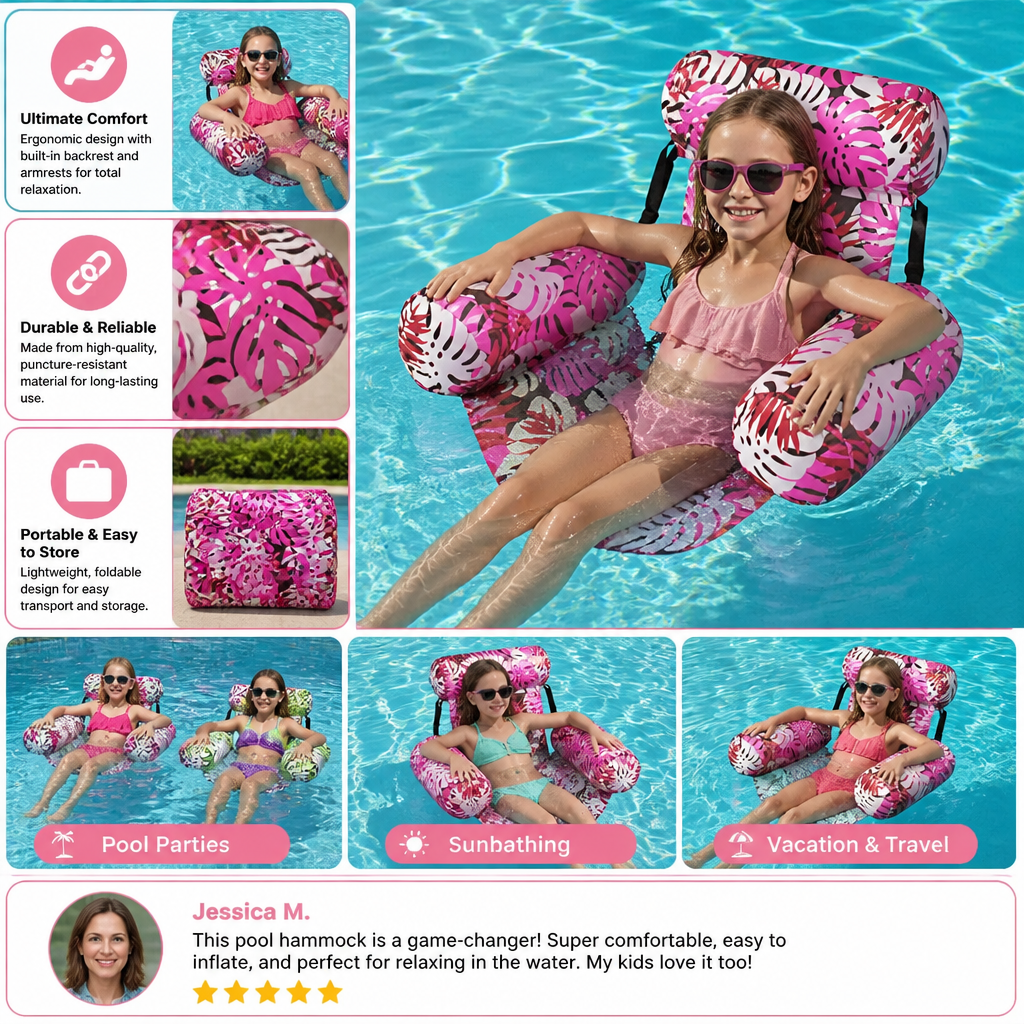 Inflatable Pool Hammock with Backrest – Foldable Water Lounge