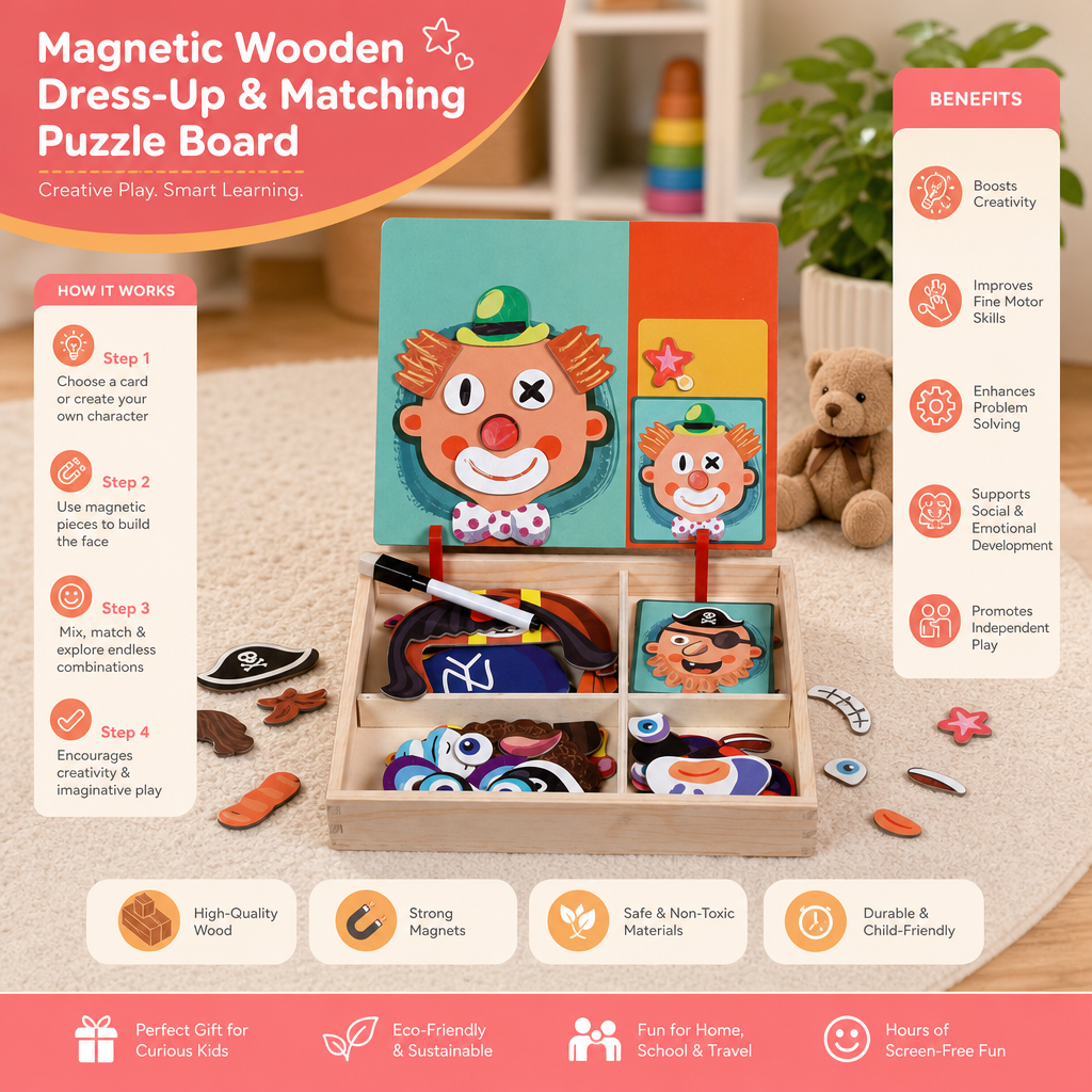 Magnetic Wooden Dress-Up & Matching Puzzle Board – Creative Learning Toy