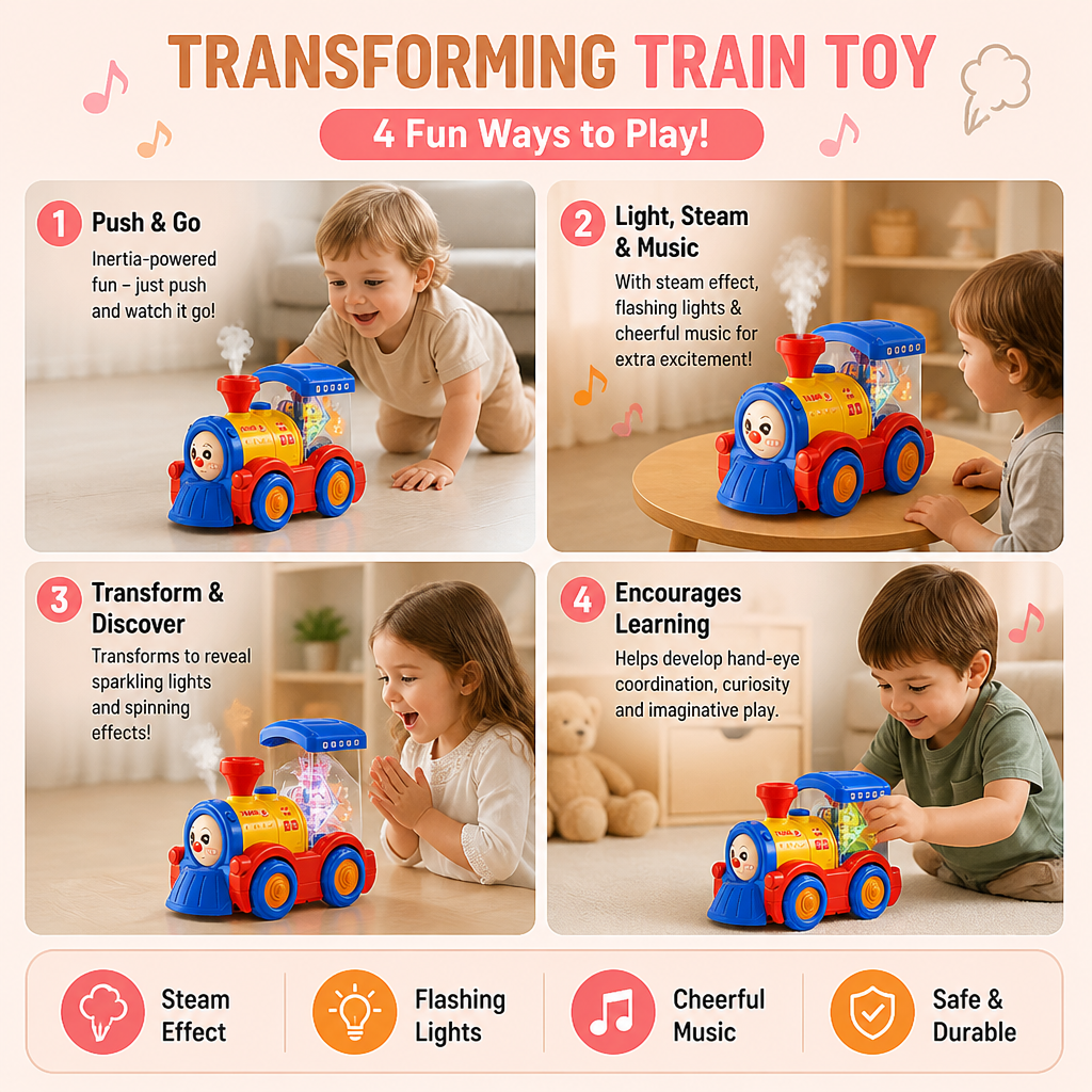 Transforming Train Toy with Steam, Lights & Music