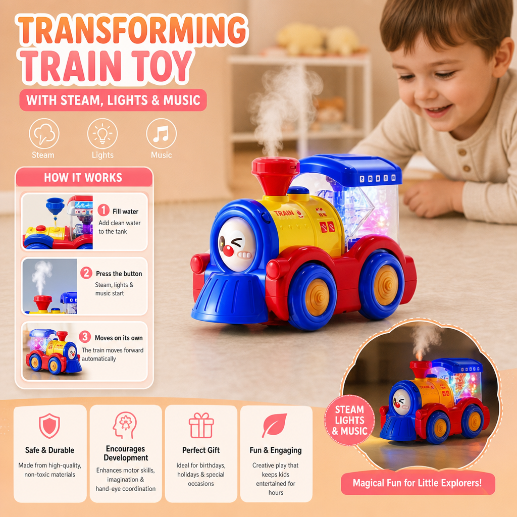 Transforming Train Toy with Steam, Lights & Music