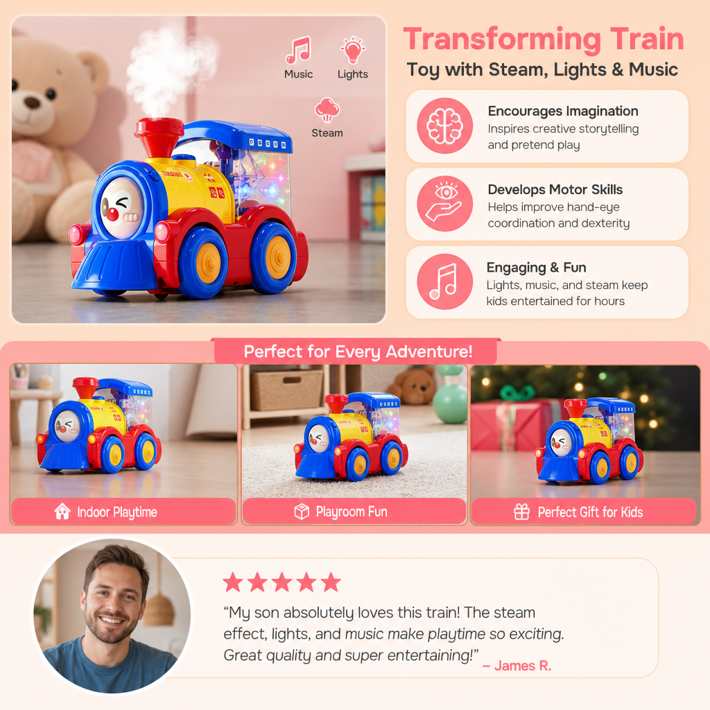 Transforming Train Toy with Steam, Lights & Music