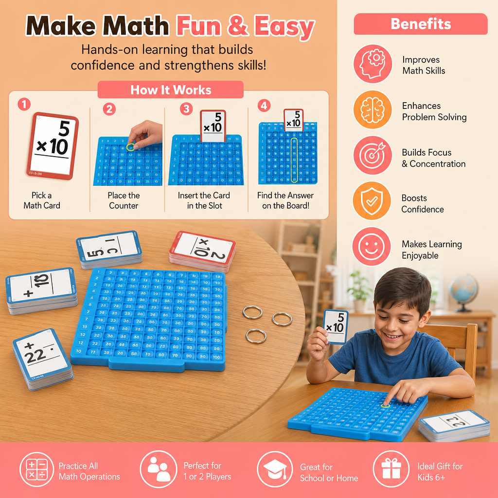 Math Learning Cards Set with Calculation Board – Addition, Subtraction, Multiplication & Division
