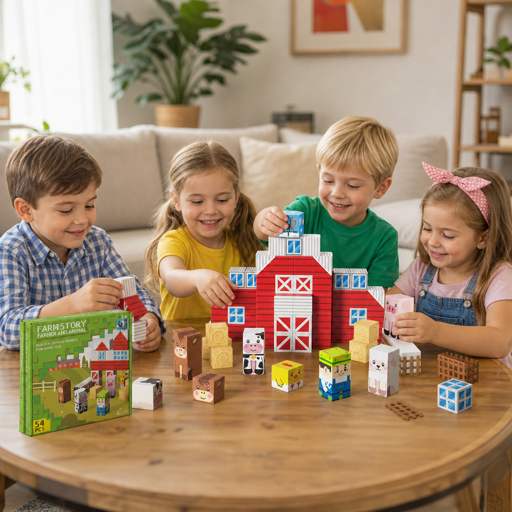 Farm Story Magnetic Building Blocks Travel Playset with Animals & Barn