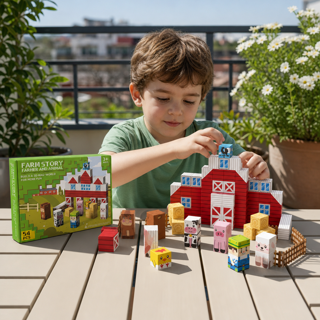 Farm Story Magnetic Building Blocks Travel Playset with Animals & Barn