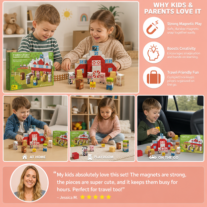 Farm Story Magnetic Building Blocks Travel Playset with Animals & Barn