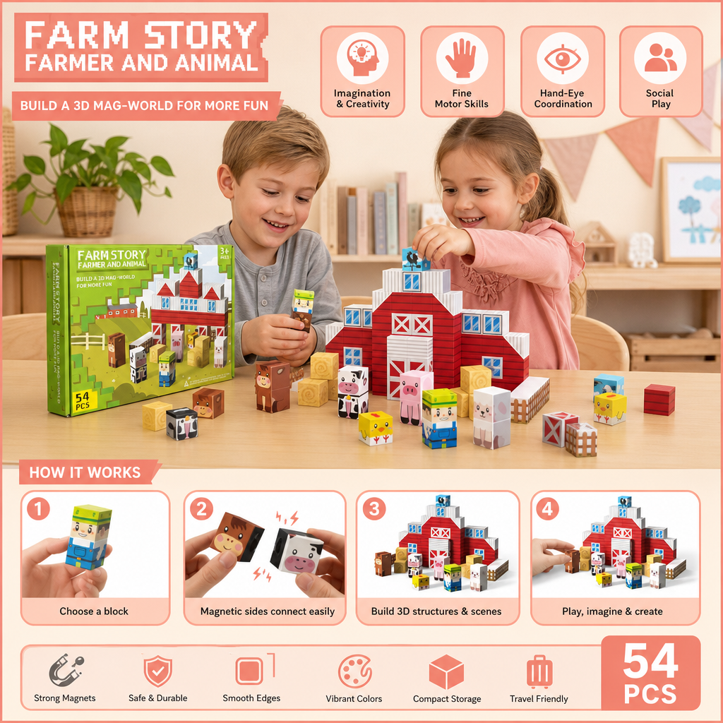 Farm Story Magnetic Building Blocks Travel Playset with Animals & Barn