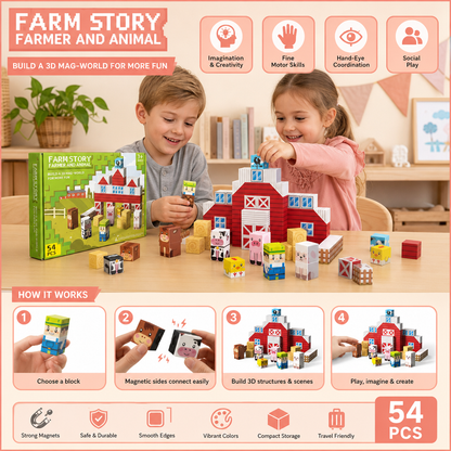 Farm Story Magnetic Building Blocks Travel Playset with Animals & Barn