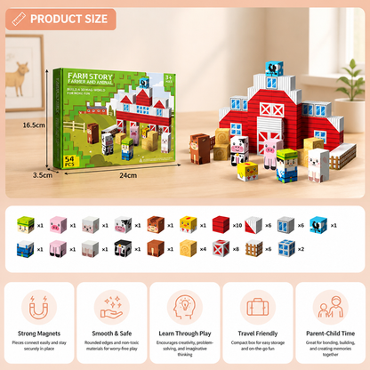 Farm Story Magnetic Building Blocks Travel Playset with Animals & Barn