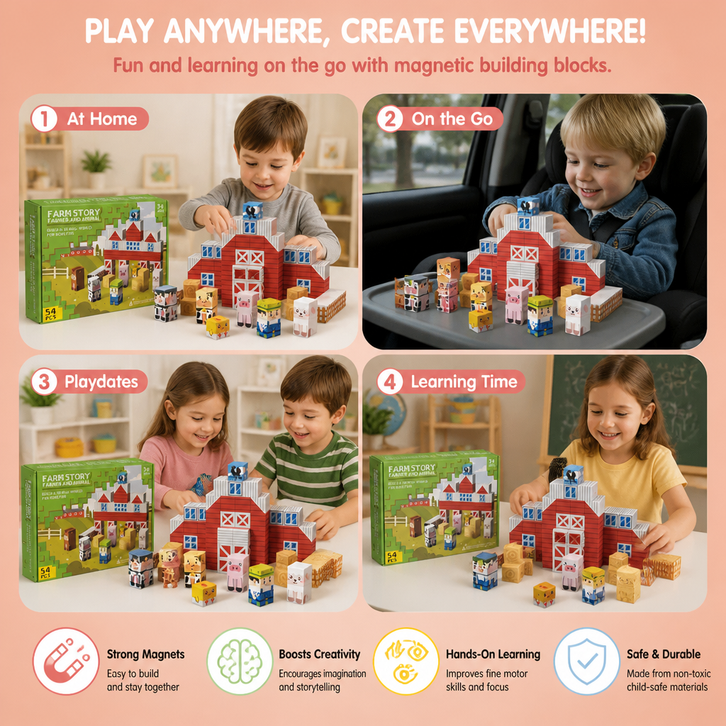 Farm Story Magnetic Building Blocks Travel Playset with Animals & Barn