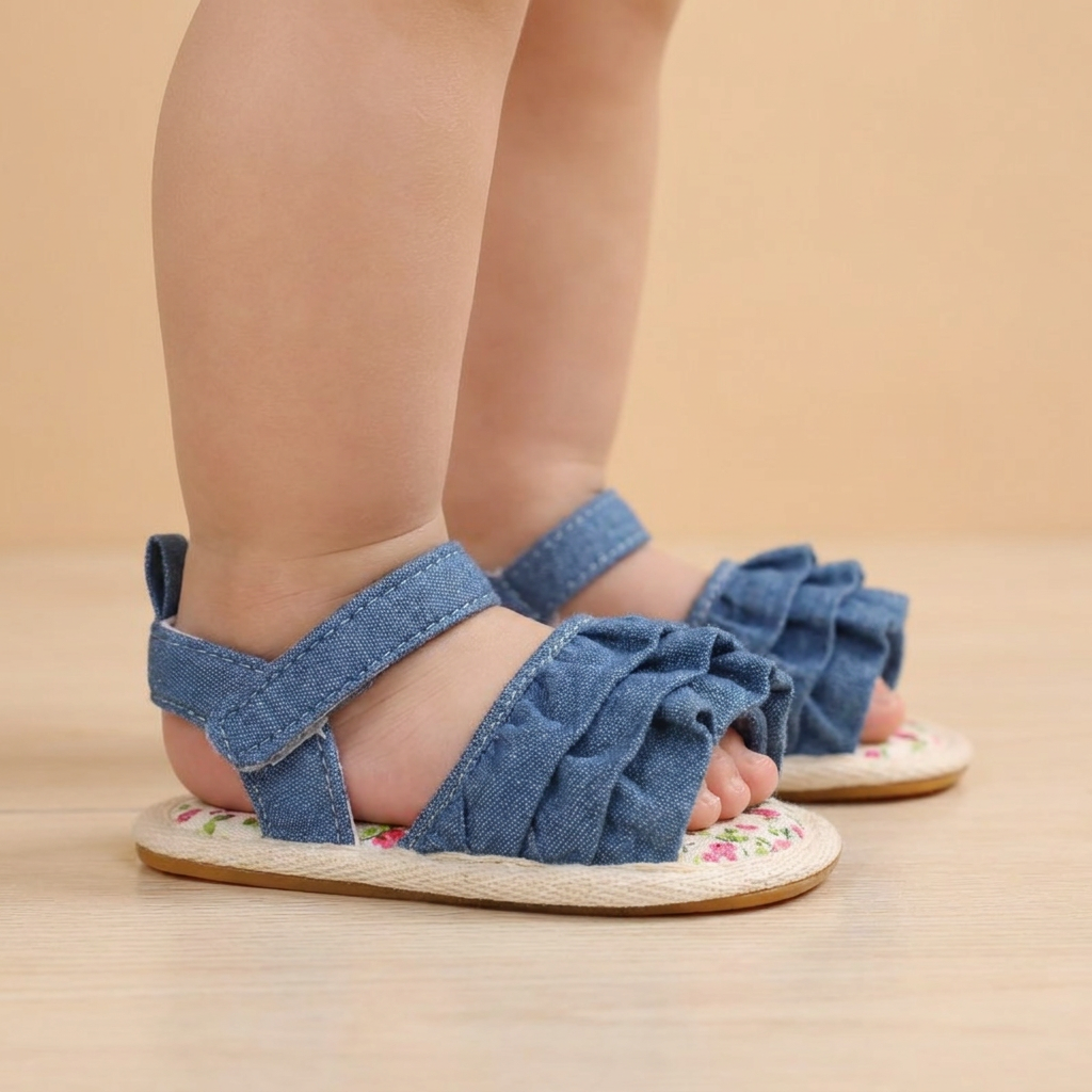 Denim Ruffle Sandals Floral