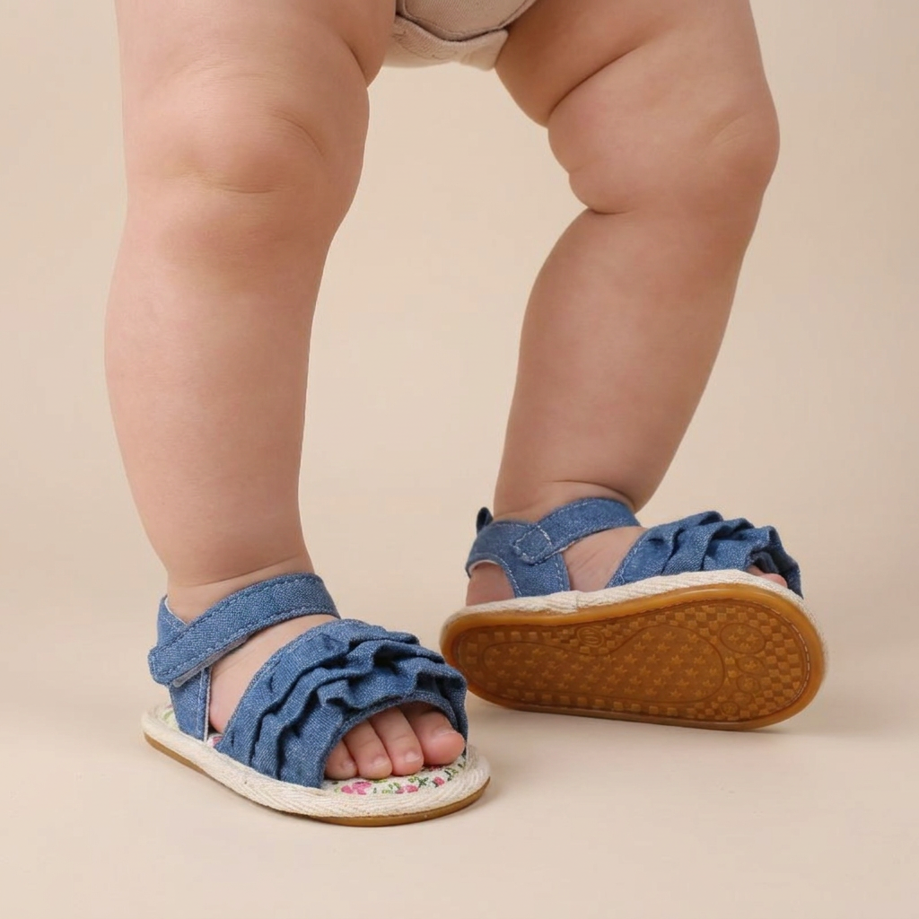 Denim Ruffle Sandals Floral