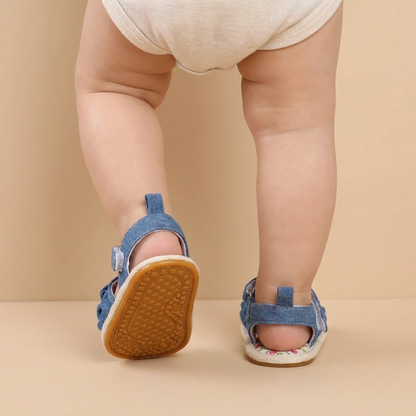 Denim Ruffle Sandals Floral