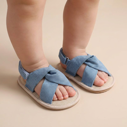 Denim Cross-Strap Bow Sandals