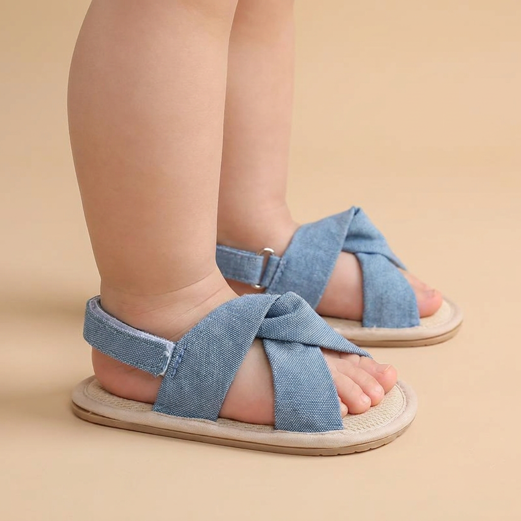 Denim Cross-Strap Bow Sandals