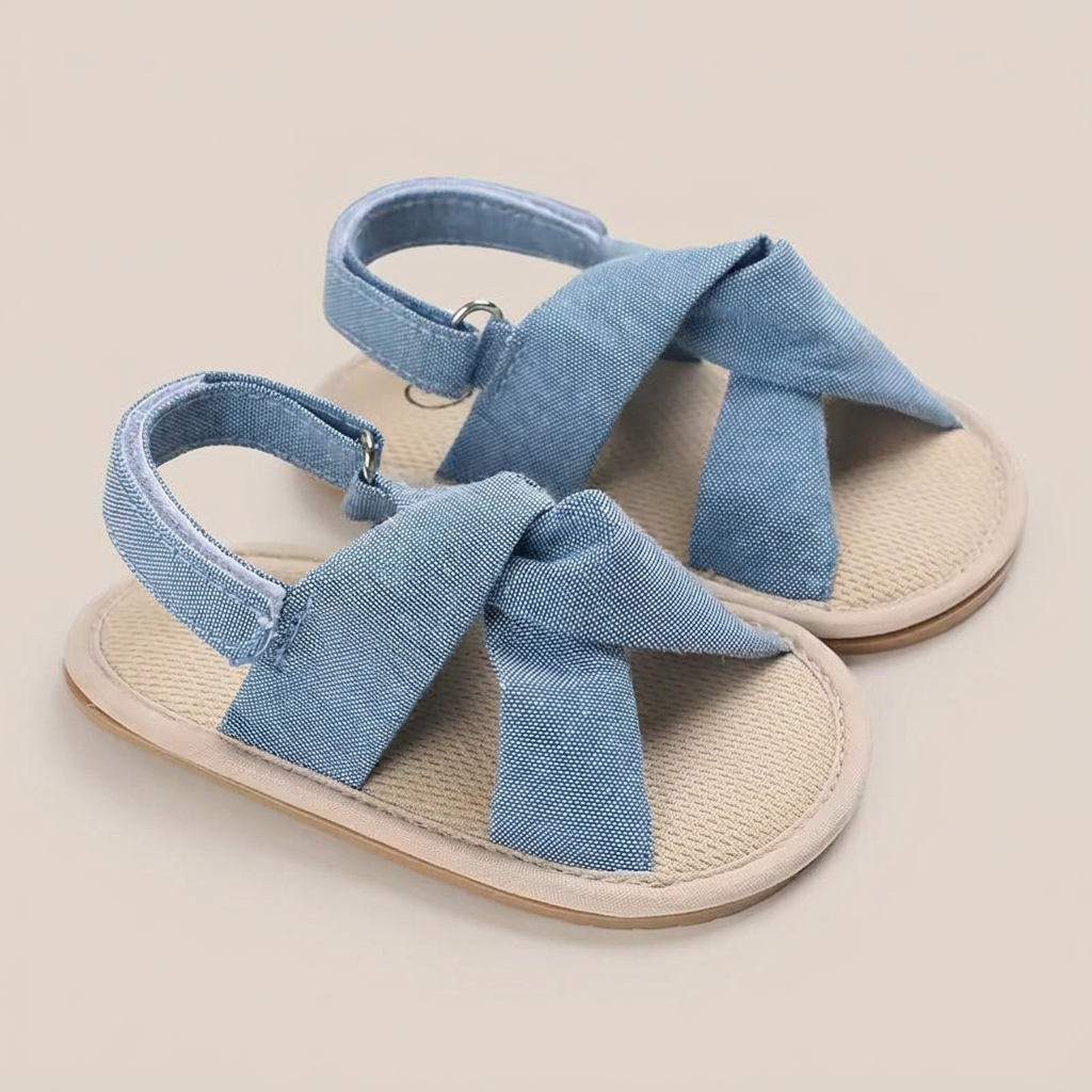 Denim Cross-Strap Bow Sandals