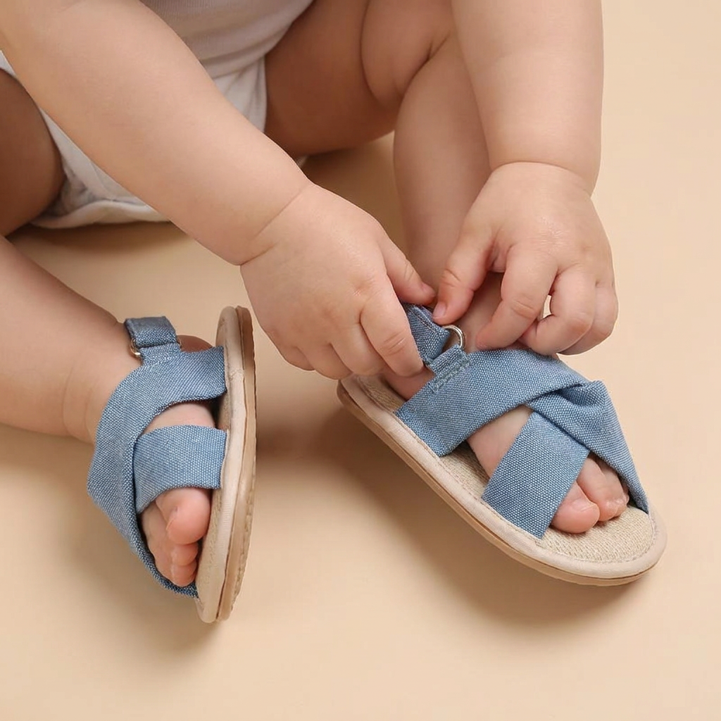 Denim Cross-Strap Bow Sandals