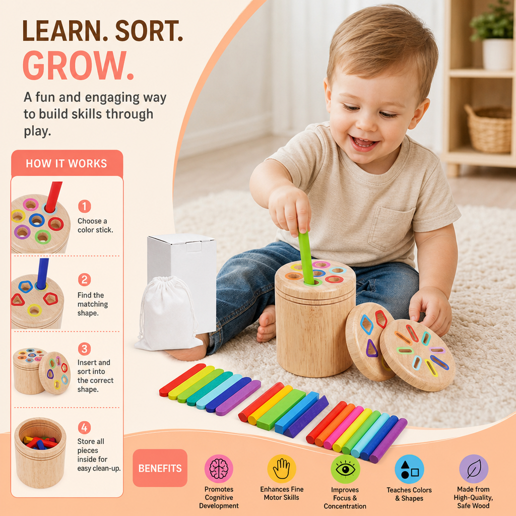Montessori Wooden Colour & Shape Sorting Toy – Fine Motor Skills Learning Puzzle