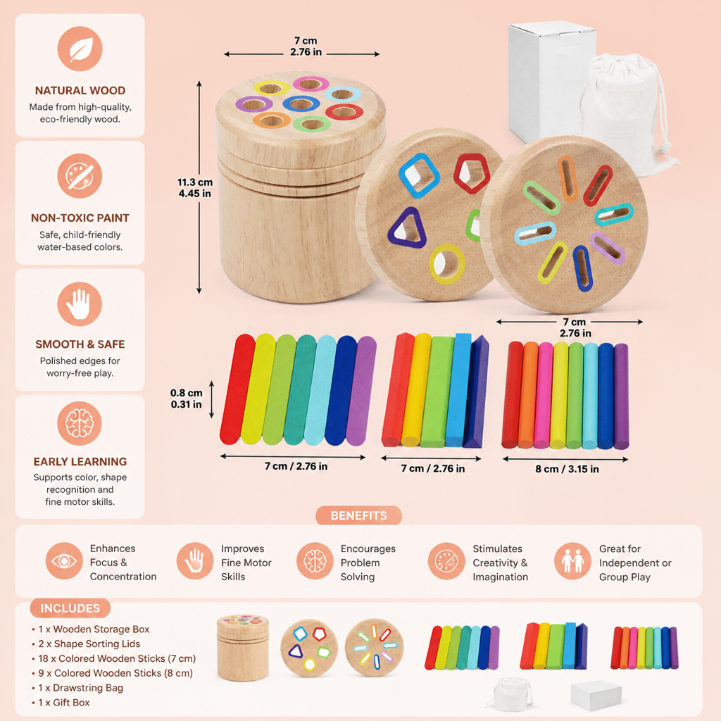 Montessori Wooden Colour & Shape Sorting Toy – Fine Motor Skills Learning Puzzle