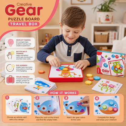 Creative Gear Puzzle Board Travel Box with Activity Cards for Kids