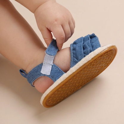 Denim Ruffle Sandals Floral