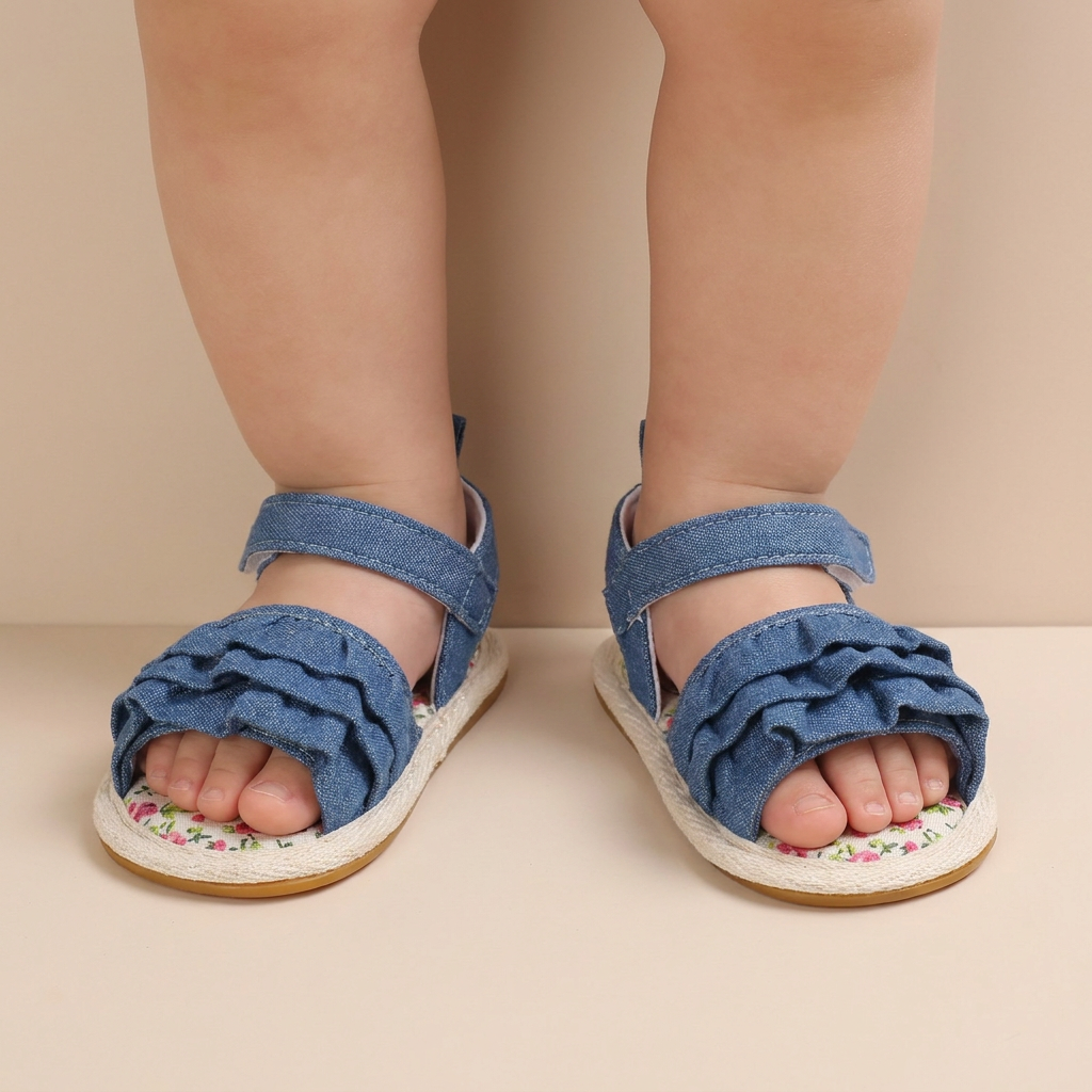Denim Ruffle Sandals Floral