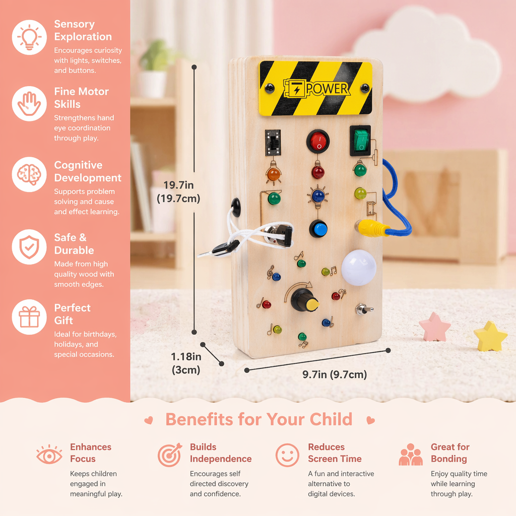 Montessori Wooden Sensory Board with Lights & Switches – Motor Skills Toy for Kids